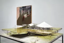 View of “Constant,” 2015–16. Foreground- Grote gele sector (Large Yellow Sector), 1967. Background- Entrée du labyrinth (Entrance to the Labyrinth), 1972.