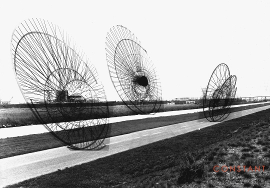 Nébuloses Mécaniques, projected in a Landscape, 1968 Nébuloses Mécaniques by Constant Nieuwenhuys projected in a photo, 1968