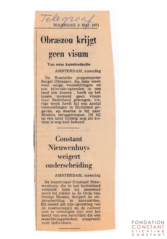 Constant Nieuwenhuys weigert onderscheiding Constant Nieuwenhuys weigert onderscheiding