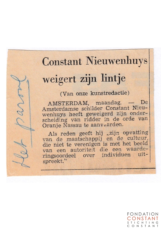 Constant Nieuwenhuys weigert zijn lintje Constant Nieuwenhuys weigert zijn lintje