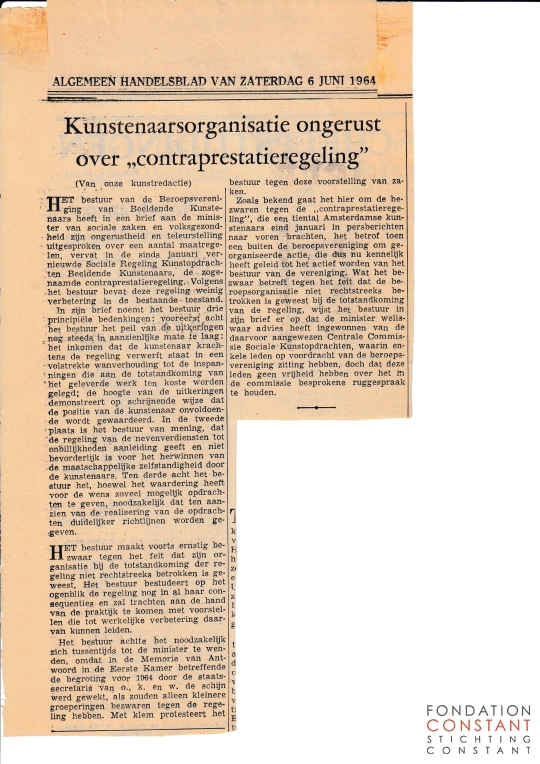 Kunstenaarsorganisatie ongerust over ,,contraprestatieregeling'' Kunstenaarsorganisatie ongerust over ,,contraprestatieregeling''