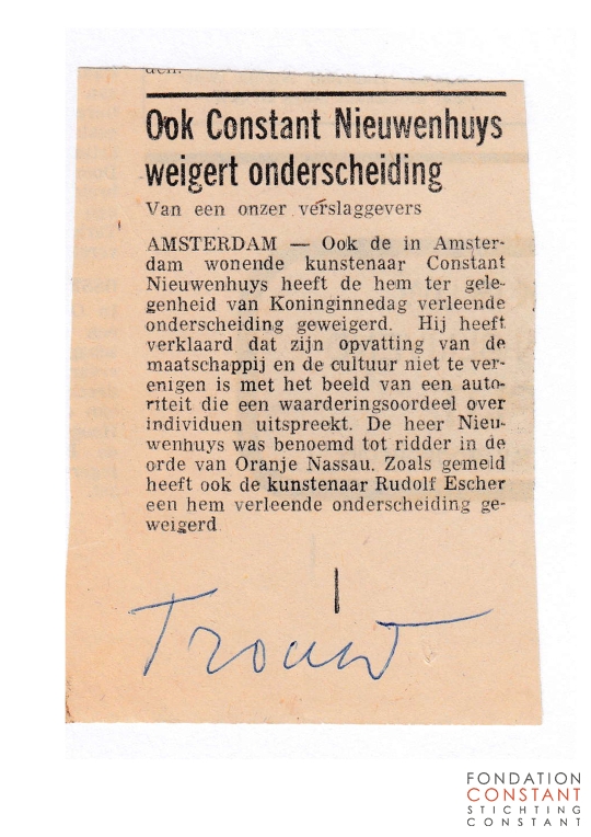Ook Constant Nieuwenhuys weigert onderscheiding Ook Constant Nieuwenhuys weigert onderscheiding