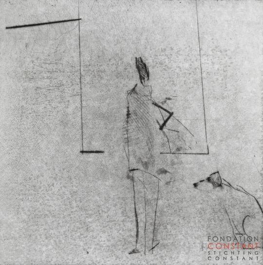 Constant-Schilder met hond, 1985 Constant Nieuwenhuys-Schilder met hond, 1985