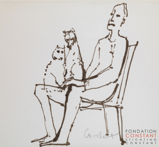 Constant Nieuwenhuys-ZT/Man met hond en poes op schoot, ca 1980
