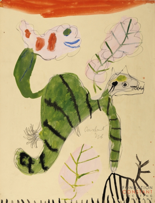 Constant-Groene kat met roze herfstblad, 1948 Constant Nieuwenhuys-Groene kat met roze herfstblad, 1948