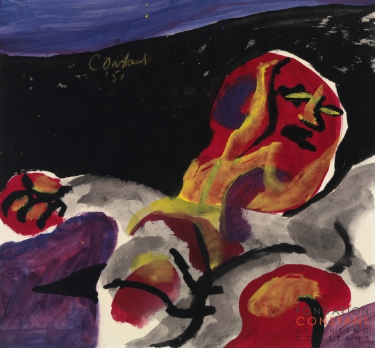 Constant-Liggende man met rood hoofd, 1951 Constant Nieuwenhuys-Liggende man met rood hoofd, 1951