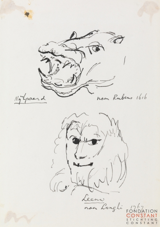 Constant Nieuwenhuys-Nijlpaard naar Rubens (1616) en Leeuw naar Longhi (1767), 1975 ca Constant Nieuwenhuys-Nijlpaard naar Rubens (1616) en Leeuw naar Longhi (1767), 1975 ca