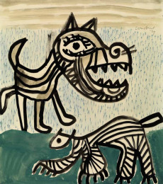 Constant Nieuwenhuys-Twee dieren in groen landschap, 1949