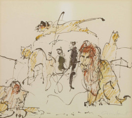 Constant Nieuwenhuys-Circusnummer met leeuwen, ca 1979