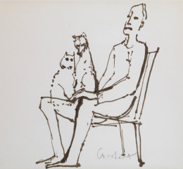 Constant Nieuwenhuys-ZT/Man met hond en poes op schoot, ca 1980
