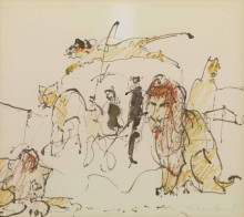 Constant Nieuwenhuys-Circusnummer met leeuwen, ca 1979