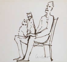 Constant Nieuwenhuys-ZT/Man met hond en poes op schoot, ca 1980
